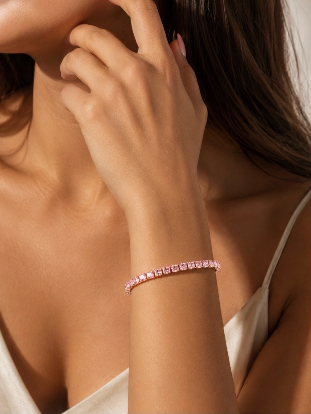 NEW!! 18k Rose Gold Plated Pink Crystal Tennis Bracelet